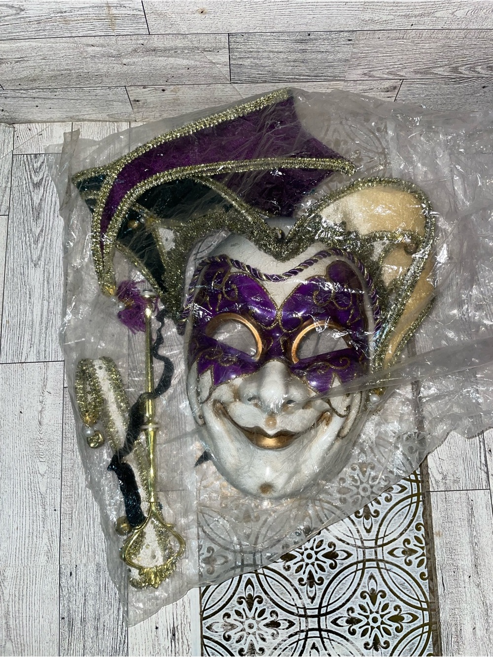 Purple and Gold Jester Mardi Gras Mask with Hat